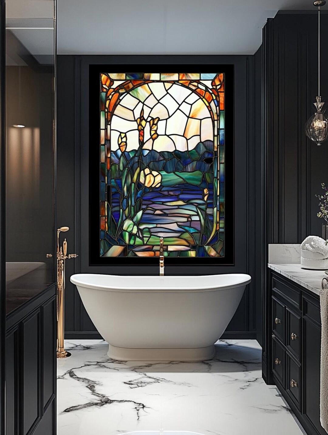 Customized Serene Lake View Stained Glass Window Privacy Film Elegant ...