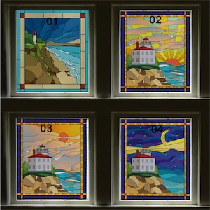 Custom Size Stained Glass Films Privacy Static Cling Sea Red Lighthouse Rising Sun Night Door Sticker