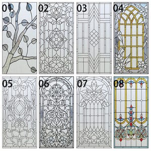 May include: Eight stained glass panels with detailed designs. Each panel showcases a different pattern, including floral, geometric, and abstract motifs. The panels are outlined with dark lines, creating a contrast against the clear glass, reminiscent of Art Nouveau.