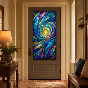 May include: A rectangular door featuring a large stained glass panel with a swirling, vortex-like pattern. The glass displays vibrant shades of deep blue, turquoise, purple, and gold, arranged in intricate, segmented shapes within a dark frame.