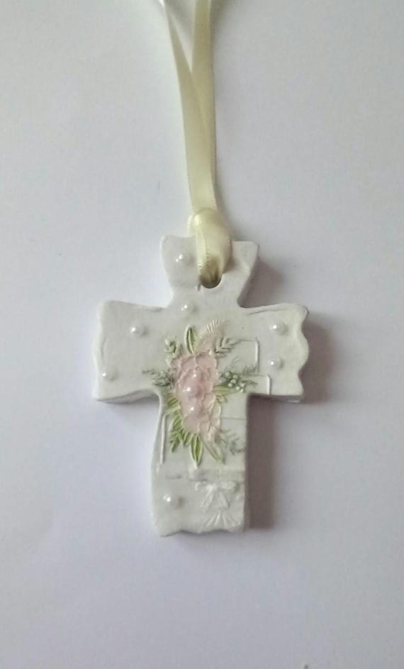 Floral Clay Cross Decoration: Handmade Christian Keepsake