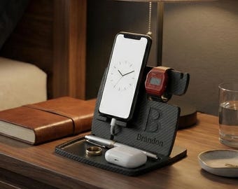 Nightstand Organiser for Him – Phone Dock & Watch Stand – Bedside Valet Tray – Personalised Gift
