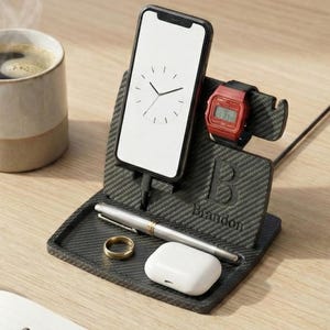 Carbon Fibre Desk Dock for iPhone & Apple Watch | Personalised Office Organiser | UK Made Gift
