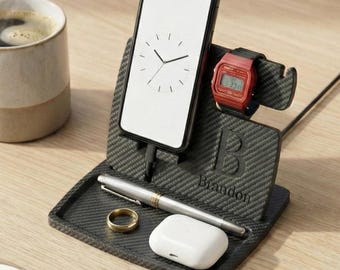 Carbon Fibre Desk Dock for iPhone & Apple Watch | Personalised Office Organiser | UK Made Gift