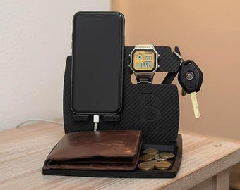 Personalised Carbon Fibre Nightstand Organiser | Phone Watch Wallet Key Holder | Men's Gift