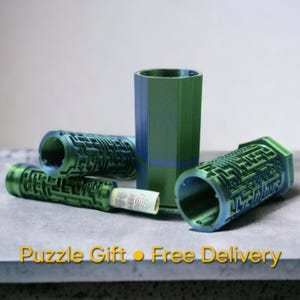 May include: Green and blue puzzle gift with a maze-like design. The image shows several cylindrical puzzle pieces, one containing a rolled-up bill. The text "Puzzle Gift" and "Free Delivery" is visible.