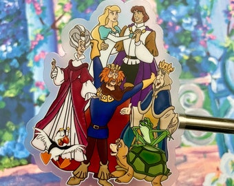 May include: A sticker featuring a group of cartoon characters from a fairytale. The characters include a queen, a king, a prince, a princess, a frog, and a turtle. The sticker is on a white background.