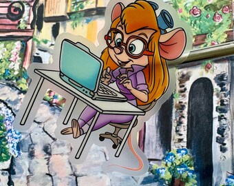 May include: A clear sticker featuring a cartoon mouse with orange hair, glasses, and a blue bow, working on a laptop. The mouse is wearing a purple shirt and pants, sitting at a white desk. The background shows a painted scene of a European village.