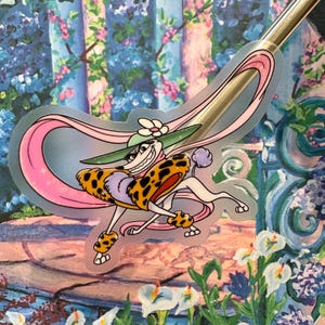 May include: A cartoon dog wearing a green and pink hat with a flower, a leopard print coat, and a pink scarf. The dog is running and has a mischievous expression on its face.