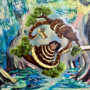 May include: A transparent sticker featuring a cartoon illustration of a brown snake coiled around a person. The person is smiling, and the snake has yellow and brown markings. The sticker is set against a colorful, painted background.