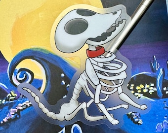 May include: A clear sticker of a white skeleton dog with a red collar. The dog is sitting with its head tilted up and its tail curled behind it. The sticker is on a blue and yellow background.