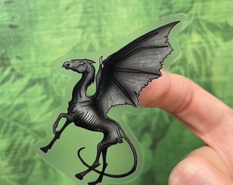 May include: A black and gray sticker of a mythical creature with wings and a horse-like body. The creature is depicted in a skeletal style.