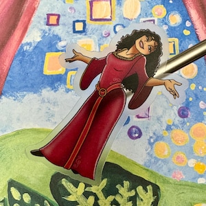 May include: A sticker of a cartoon woman with long dark hair wearing a red dress with a gold belt and a gold necklace. She is standing with her arms outstretched.
