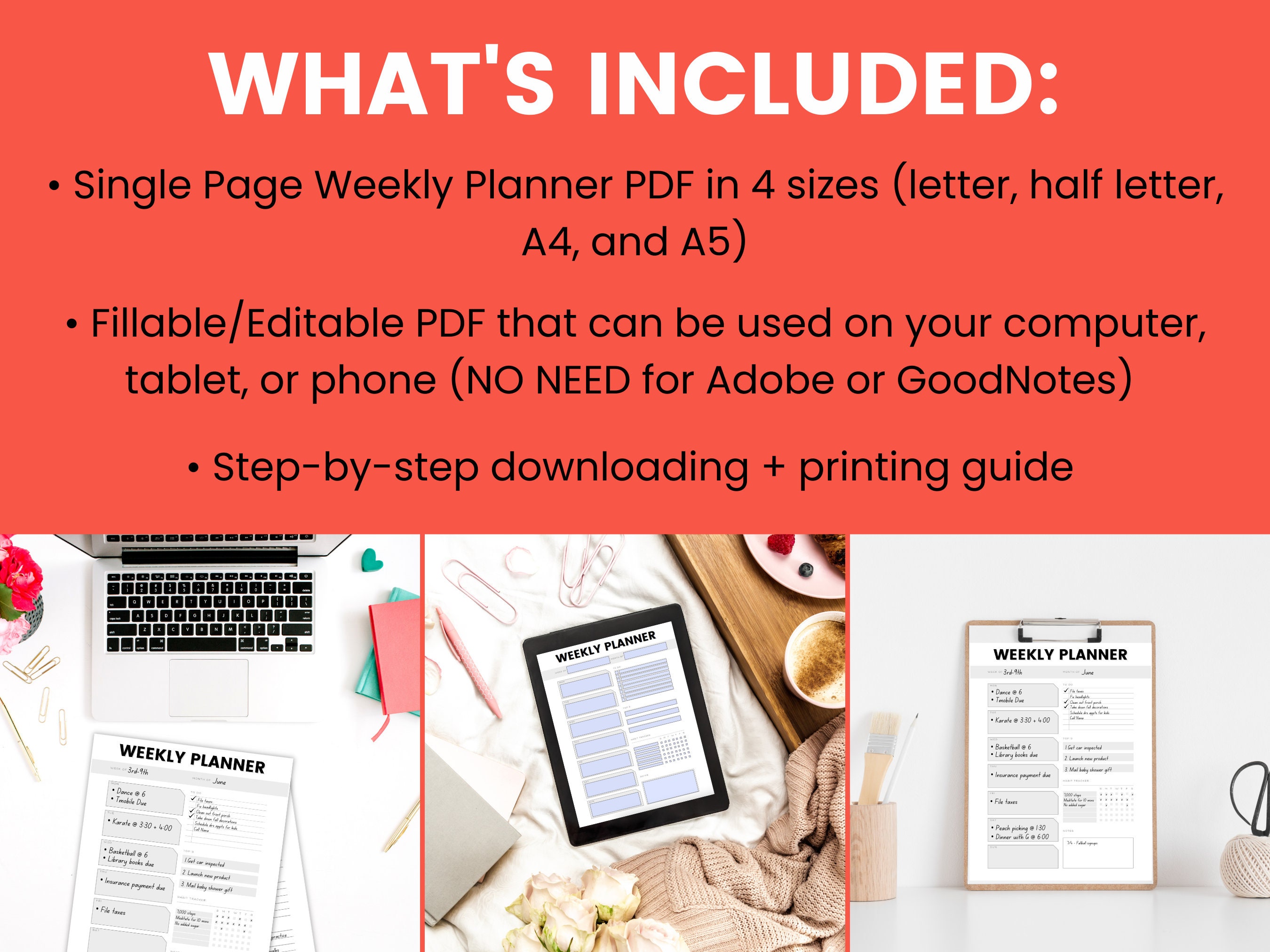 Weekly Planner Printable Template • Fillable PDF • Letter/half Letter ...