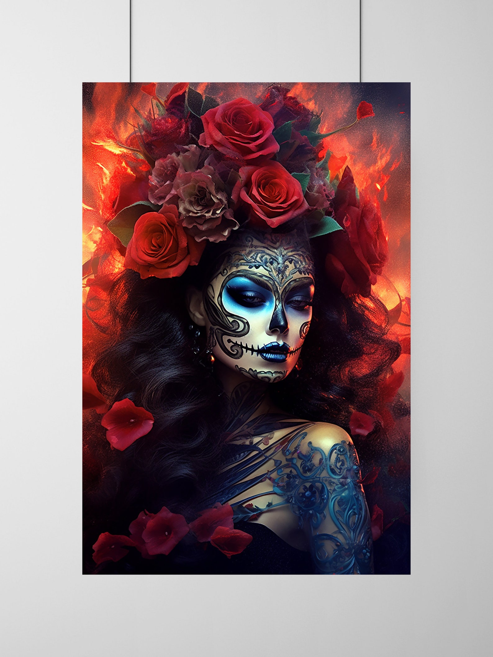 Fire and Roses 1 Gothic Wall Art, Gothic Girl, Gothic Pin up Poster