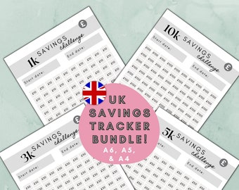May include: Four printable UK savings challenge trackers in different sizes: 1k, 3k, 5k, and 10k. Each tracker has a grid with spaces to fill in the amount saved each day. The trackers are designed to help people save money.