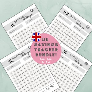 May include: Four printable UK savings challenge trackers in different sizes: 1k, 3k, 5k, and 10k. Each tracker has a grid with spaces to fill in the amount saved each day. The trackers are designed to help people save money.