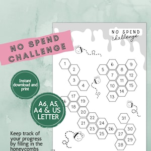 Może przedstawiać: Czarno-biały, drukowalny tracker No Spend Challenge z wzorem plastra miodu. Tracker zawiera wzór pszczoły i plastra miodu oraz numery od 1 do 31. Tekst "No Spend Challenge" znajduje się na górze strony.
