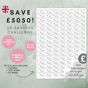 Op de afbeelding: Een printbare 100 enveloppen spaaruitdaging-kaart. De kaart is zwart-wit en bevat een reeks enveloppen met nummers van £ 1 tot £ 100. De kaart is beschikbaar in vier verschillende formaten: A6, A5, A4 en A3. De tekst "Save £5050!" staat bovenaan de kaart. De tekst "UK Savings Challenge" staat onder de tekst "Save £5050!" De tekst "Instant download and print" staat in een roze cirkel. De tekst "Available in 4 different sizes" staat in een roze rechthoek. De tekst "Do it at your own pace" staat in zwarte tekst. De tekst "100 days, 100 weeks, 50 weeks" staat in zwarte tekst. De tekst "100 Envelopes savings challenge" staat in zwarte tekst.