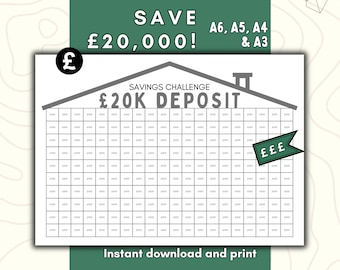 House Deposit Savings Challenge, Saving Challenge UK, House Savings Tracker, Home Savings Challenge, House Deposit Fund, Printable A6 - A3