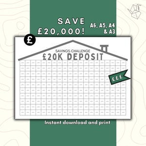 Może przedstawiać: Drukowany wykres wyzwania oszczędzania, zaprojektowany, aby pomóc Ci zaoszczędzić 20 000 funtów. Wykres ma kształt domu i zawiera siatkę kwadratów z kwotą 100 funtów wpisaną w każdym kwadracie. Wykres nosi tytuł "Wyzwanie oszczędzania Depozyt 20 000 funtów".