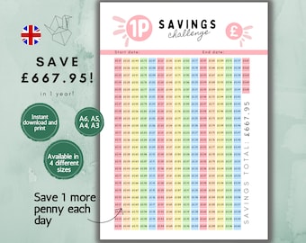 1p Saving Challenge, UK Saving Challenge Printable A3, A4, A5, A6, Money Saving Challenge Printable, Monthly Savings, UK Budget Tracker