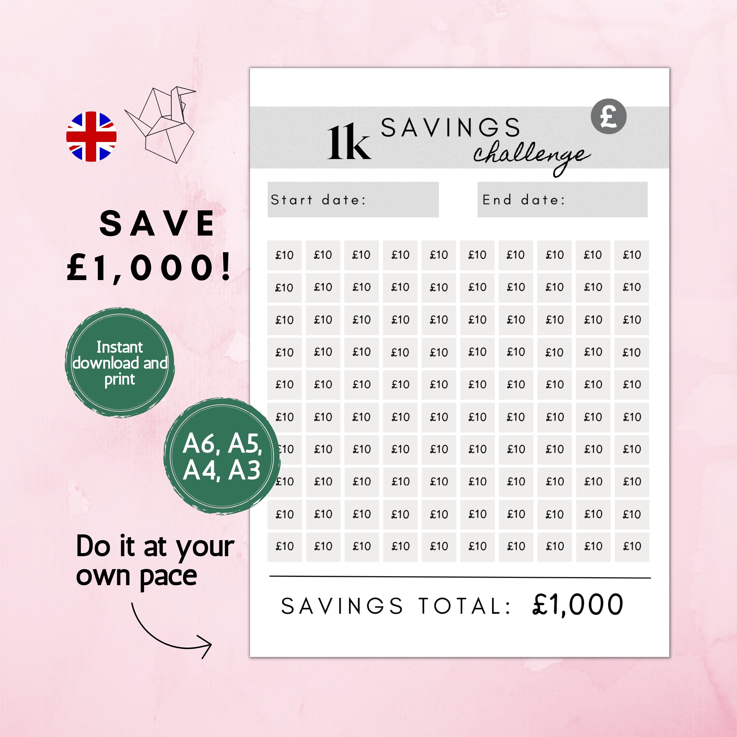1000 Savings Challenge UK, 1k Savings Challenge, 1k Savings Tracker ...