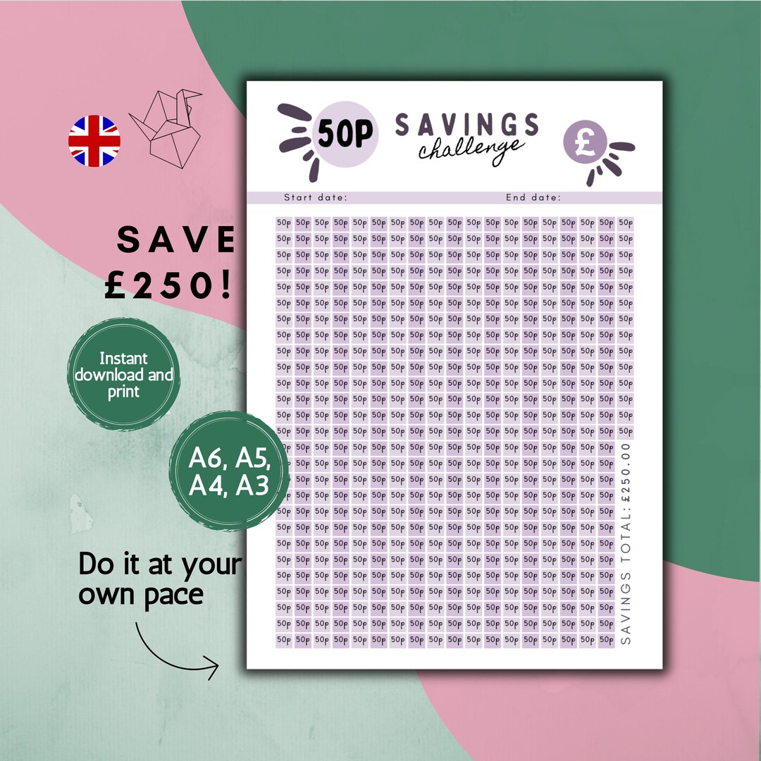 50p Savings Tracker, 50p Savings Challenge, UK Saving Challenge ...