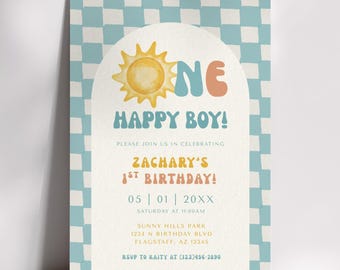 Modèle d'invitation pour le 1er anniversaire d'un garçon heureux | Invitation rétro bohème modifiable | Anniversaire garçon | Téléchargement numérique imprimable | Toile gratuite | 1 demi-pension