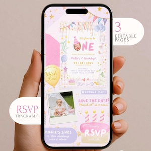 Pode incluir: Um smartphone exibindo um site de convite de aniversário digital com detalhes em rosa e dourado. A tela inclui texto como Fun To Be One, Millie's 1st Birthday, RSVP e Save The Date, junto com fotos de uma criança e gráficos de festa.