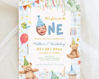 Modèle d'invitation d'anniversaire amusante | Invitation bleue lunatique modifiable | 1er anniversaire de garçon | Téléchargement numérique imprimable | Toile FB1 gratuite