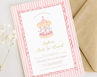 Plantilla de invitación de primer cumpleaños / Invitación editable de carrusel rosa / Primer cumpleaños de niña estilo chinoiserie / Descarga digital imprimible FG1