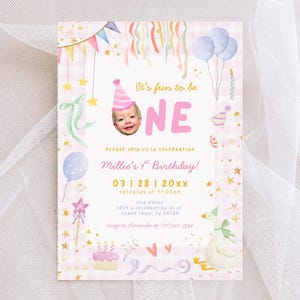 Fun to be One Birthday Invitation Template | Editable Whimsical Pink Invite | Girl 1st Birthday | Printable Digital Download | Canva FB1