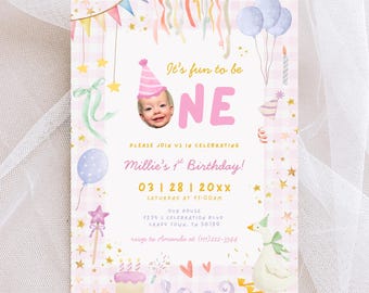 Plantilla de invitación de cumpleaños "Fun to Be One" / Invitación rosa caprichosa editable / Primer cumpleaños de niña / Descarga digital imprimible / Canva FB1