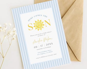 Here Comes the Son Baby Shower Invitation | Editable Canva Template | Blue Nautical Theme | Printable Instant Download | HCS1