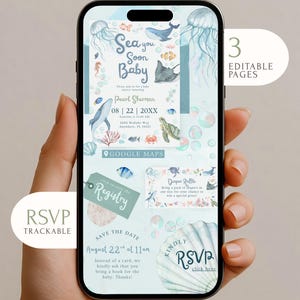 Puede incluir: Un conjunto de invitaciones digitales en la pantalla de un teléfono inteligente con criaturas marinas, burbujas y conchas en acuarela. El texto incluye Sea you Soon Baby, Pearl Sherman, 08 | 22 | 20XX, Google Maps, Registry, Diaper Raffle y RSVP.