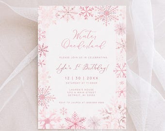 d'invitation d'anniversaire d'hiver à Onederland | Invitation rose modifiable de thème de flocon de neige | Fille 1er anniversaire | Téléchargement numérique imprimable