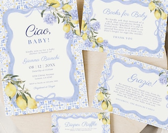 Paquete de invitaciones para baby shower estilo italiano Ciao Baby / Plantilla editable de Canva / Tarjetas de rifa con diseño de limones y azulejos azules para bebés / Descarga instantánea