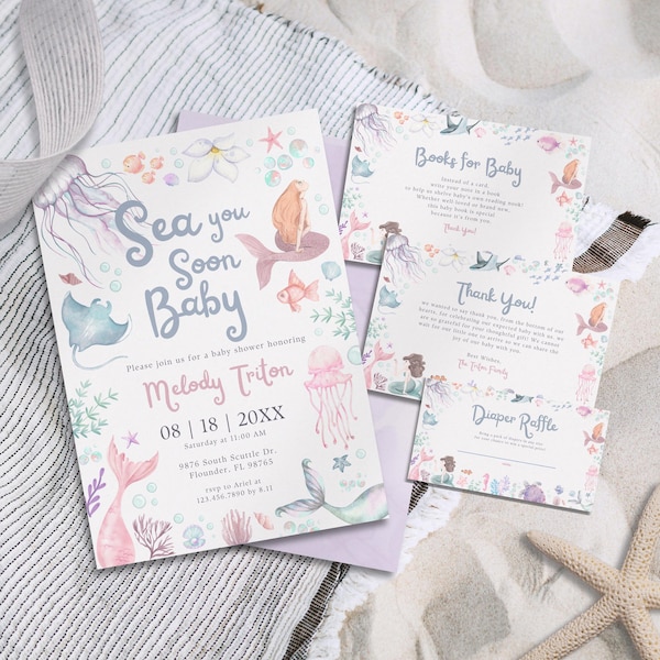Mermaid Baby Shower Invitation Bundle | Editable Canva Template | Sea You Soon Coastal Ocean Theme | Books for Baby | Instant Download