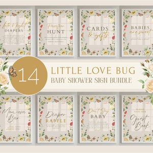 Puede incluir: Un conjunto de 14 letreros para baby shower con diseños florales y de mariposas. Los letreros incluyen "Late Night Diapers", "Pacifier Hunt", "Cards & Gifts", "Babies are Sweet", "Mom-osa Bar", "Diaper Raffle", "Don't Cry Baby" y "Guest Book".