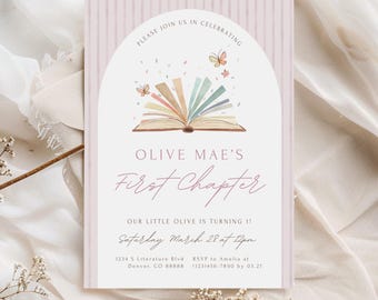 Plantilla de invitación de cumpleaños para niña del primer capítulo / Invitación editable en rosa del primer capítulo / Cumpleaños de Érase una vez / Descarga digital imprimible