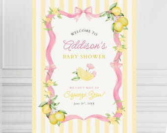 Letrero de bienvenida para baby shower de limón rosa / Plantilla editable de Canva / Tema "Estamos ansiosos por abrazarte" / Descarga instantánea imprimible / LM1