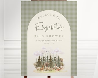 Plantilla de letrero de bienvenida para baby shower con temática de bosque / ¡Que comience la aventura! Tema de montaña / Editable e imprimible con Canva WM1
