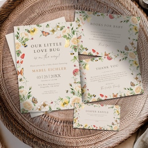 Love Bug Baby Shower Invitation Template Bundle | Editable Neutral Garden Theme Invite Bundle | Printable Instant Digital Download Canva LB1
