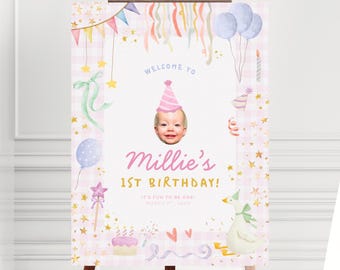 Letrero de bienvenida de cumpleaños "Fun to be One" / Plantilla editable de Canva / Tema rosa caprichoso para primer cumpleaños / Descarga instantánea imprimible FB1