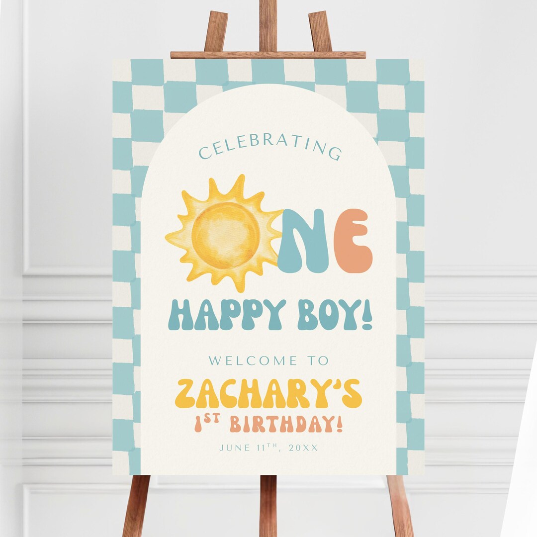 One Happy Boy Welcome Sign | Editable Canva Template | Retro Sun 1st ...
