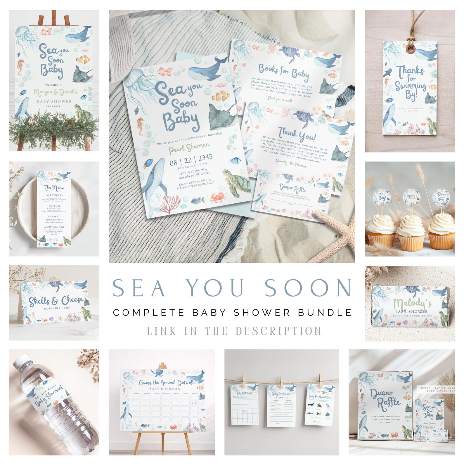 Sea You Soon Coastal Baby Shower Invitation Bundle | Editable Canva ...