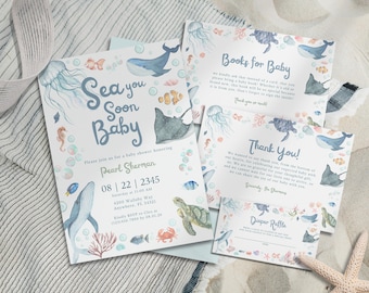 Paquete de invitaciones para baby shower con temática costera "Sea You Soon" / Plantilla editable de Canva / Tarjetas de rifa de libros de verano para bebés / Descarga instantánea / SY1