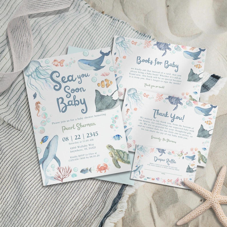 Sea You Soon Coastal Baby Shower Invitation Bundle | Editable Canva ...