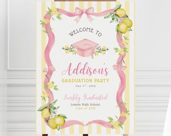 Plantilla de cartel de bienvenida para recién graduadas / Fiesta de graduación con temática de limones (editable) / Graduación de secundaria para chicas / Descarga digital imprimible